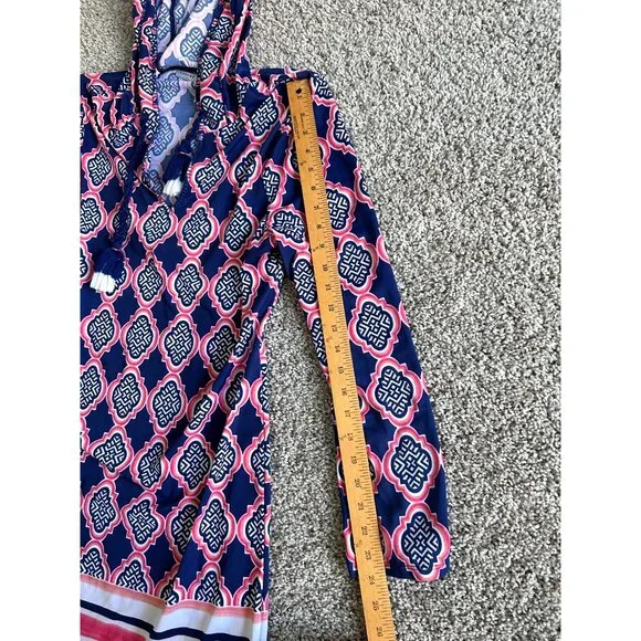 Cabana Life Women's  Sz S Hooded Tunic Cover-Up Dress Navy Pink Print W/ Tassels - Picture 11 of 12